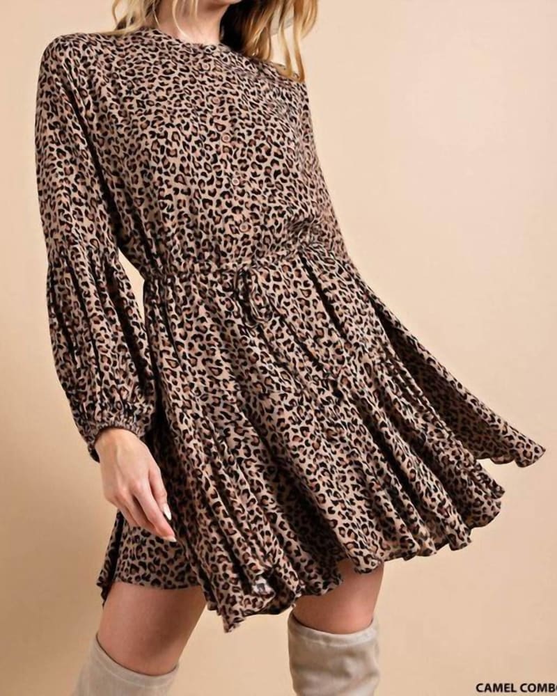 Front of a model wearing a size 1XL Where The Wild Things Are Dress in Camel Combo in Camel Combo by KORI. | dia_product_style_image_id:341073